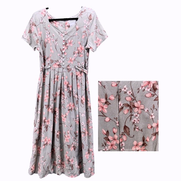 Vintage Cottagecore Dress L Prairie 80s Floral‎ Linen Maxi Dress Removable Belt - Picture 1 of 15